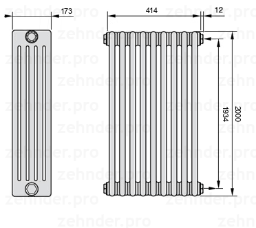 Схема (чертеж) Радиатор Zehnder Charleston 5200/9 №7610 Белый глянцевый RAL 9016